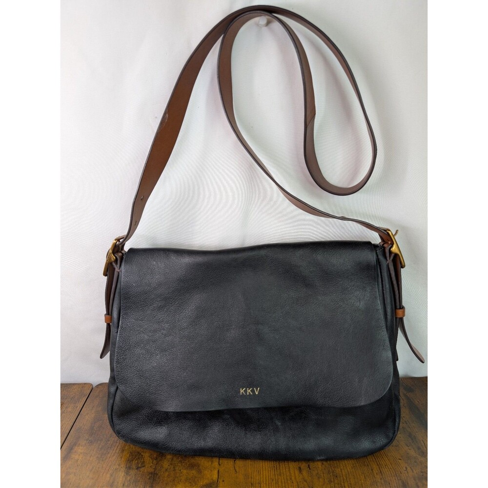 Fossil Harper Large Leather Flap Crossbody Bag - Black Initials KKV On Front